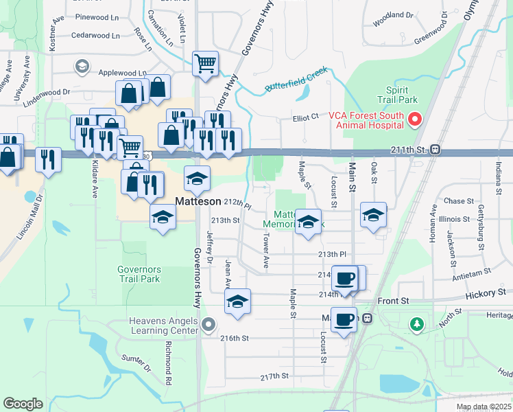 map of restaurants, bars, coffee shops, grocery stores, and more near 3820 212th Place in Matteson