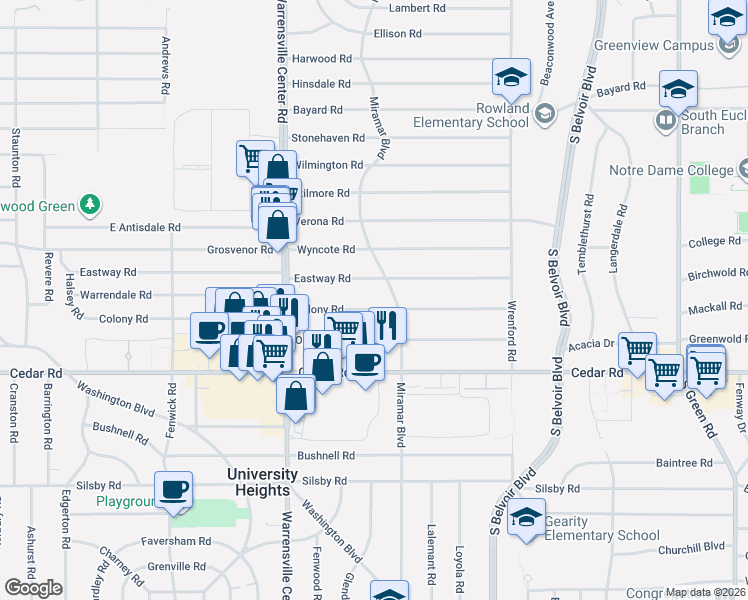 map of restaurants, bars, coffee shops, grocery stores, and more near 4095 Colony Road in South Euclid
