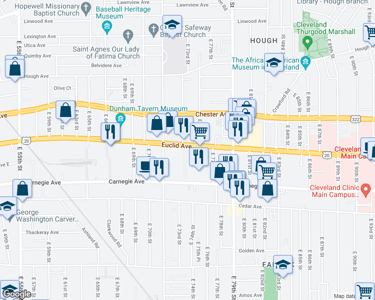 map of restaurants, bars, coffee shops, grocery stores, and more near 7338 Euclid Avenue in Cleveland