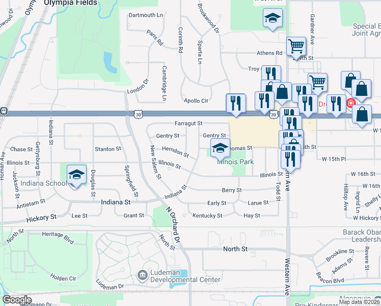 map of restaurants, bars, coffee shops, grocery stores, and more near 304 Herndon Street in Park Forest