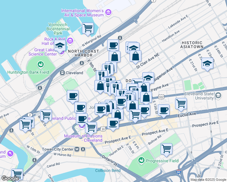 map of restaurants, bars, coffee shops, grocery stores, and more near 1038 Rockwell Avenue in Cleveland