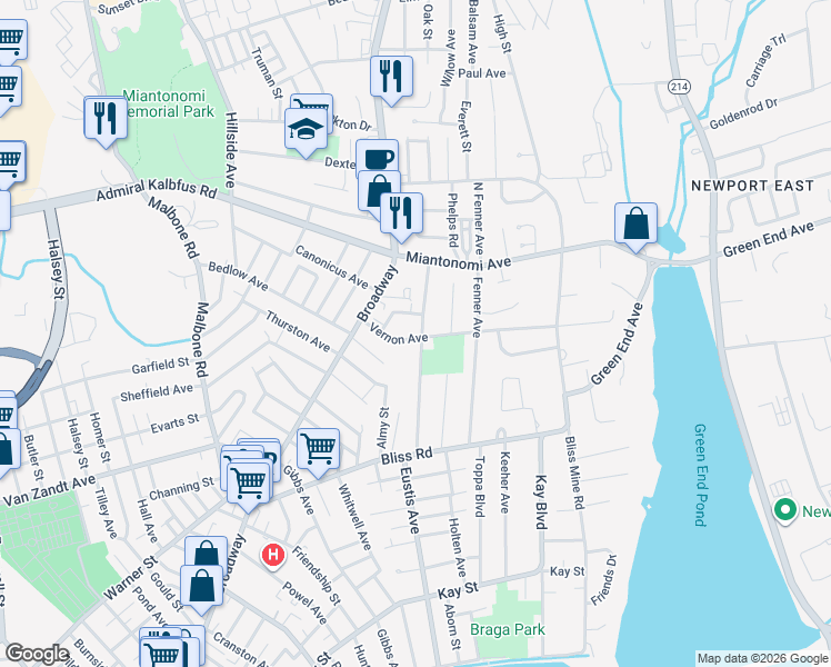 map of restaurants, bars, coffee shops, grocery stores, and more near 21 Vernon Avenue in Newport
