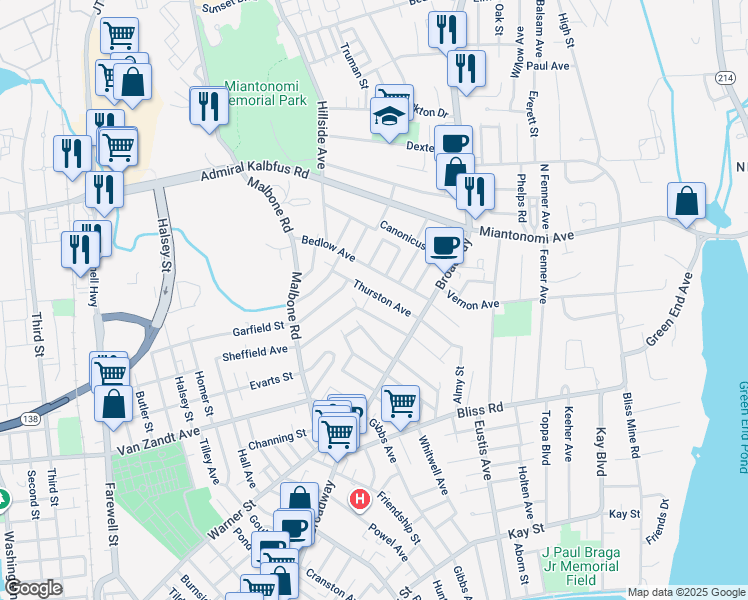 map of restaurants, bars, coffee shops, grocery stores, and more near 20 Thurston Avenue in Newport