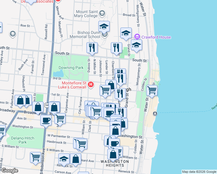 map of restaurants, bars, coffee shops, grocery stores, and more near 86 Chambers Street in Newburgh