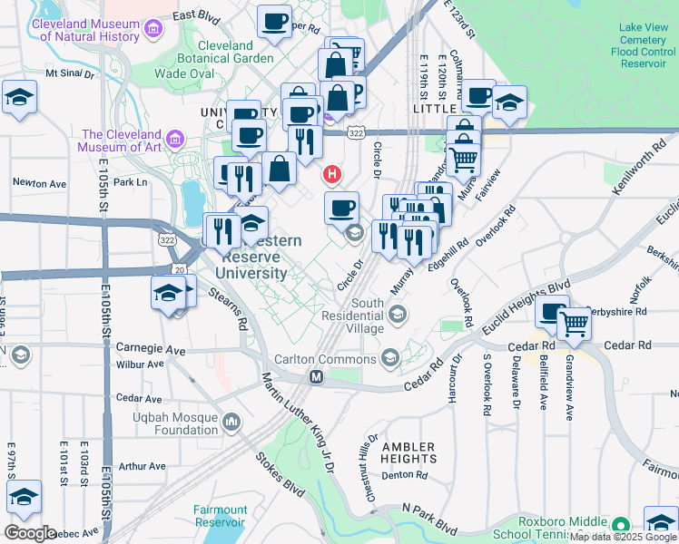map of restaurants, bars, coffee shops, grocery stores, and more near 2145 Adelbert Rd in Cleveland
