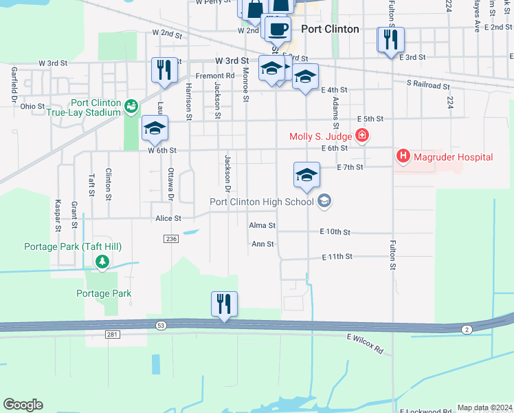 map of restaurants, bars, coffee shops, grocery stores, and more near 118 Alice Street in Port Clinton