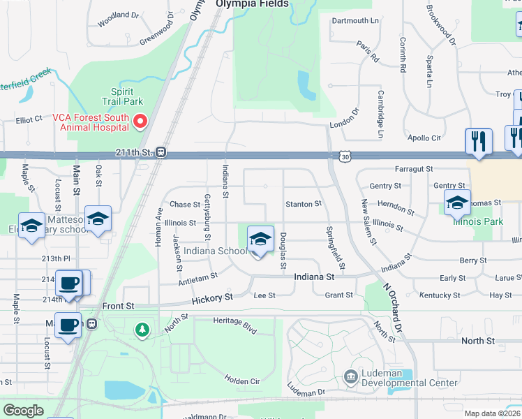 map of restaurants, bars, coffee shops, grocery stores, and more near 403 Hamlin Street in Park Forest