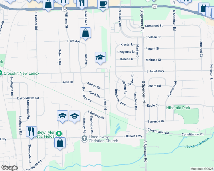 map of restaurants, bars, coffee shops, grocery stores, and more near 724 Lake Road in New Lenox