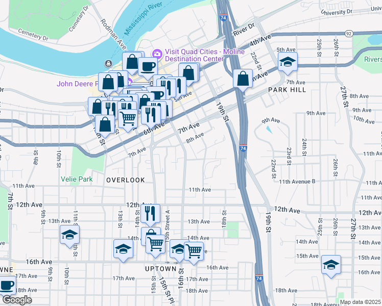 map of restaurants, bars, coffee shops, grocery stores, and more near in Moline