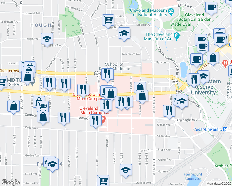 map of restaurants, bars, coffee shops, grocery stores, and more near  in Cleveland