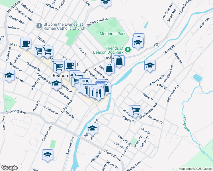 map of restaurants, bars, coffee shops, grocery stores, and more near 554 Main Street in Beacon