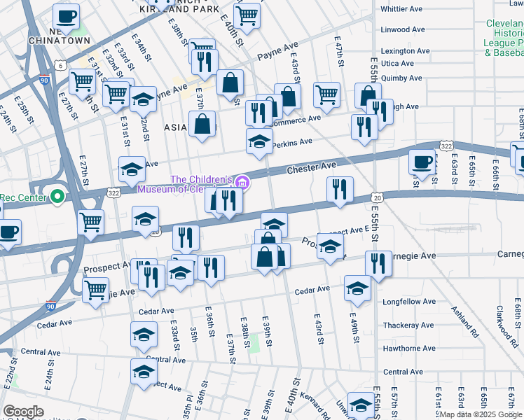 map of restaurants, bars, coffee shops, grocery stores, and more near 3955 Euclid Avenue in Cleveland