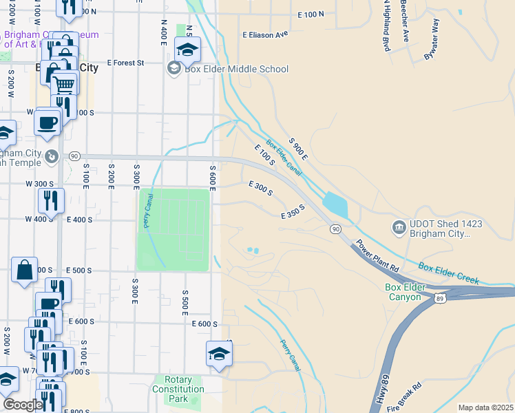 map of restaurants, bars, coffee shops, grocery stores, and more near 759 East 350 South in Brigham City