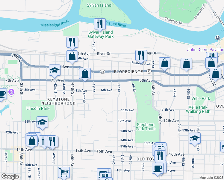 map of restaurants, bars, coffee shops, grocery stores, and more near 170 6th Avenue in Moline
