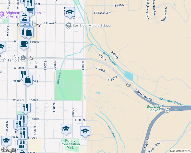 map of restaurants, bars, coffee shops, grocery stores, and more near 770 East 350 South in Brigham City