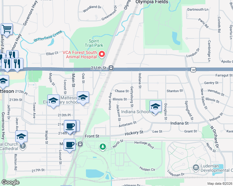 map of restaurants, bars, coffee shops, grocery stores, and more near 523 Chase Street in Park Forest