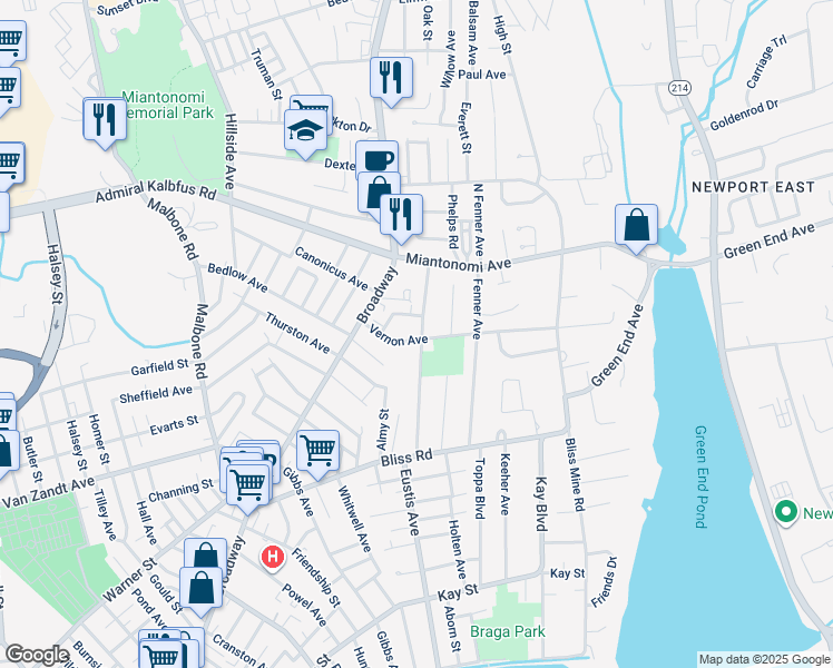 map of restaurants, bars, coffee shops, grocery stores, and more near 21 Vernon Avenue in Newport