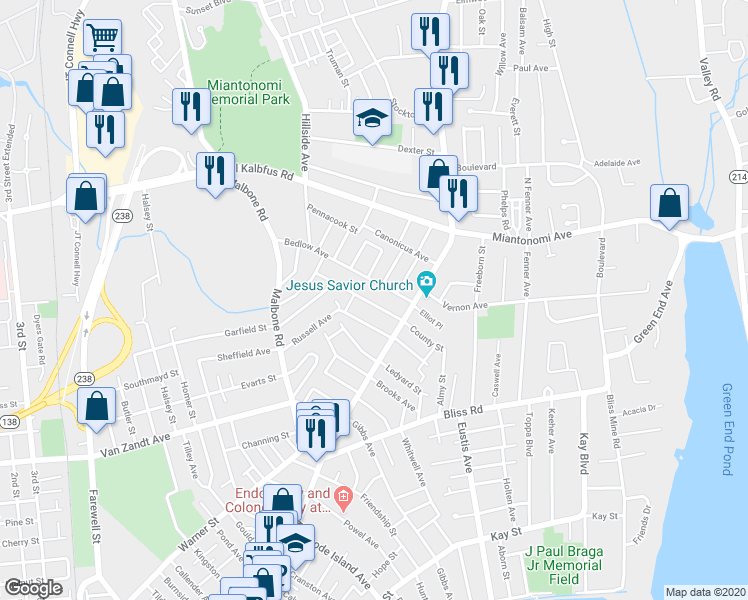 map of restaurants, bars, coffee shops, grocery stores, and more near 13 Thurston Avenue in Newport