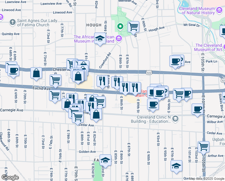 map of restaurants, bars, coffee shops, grocery stores, and more near 8417 U.S. 20 in Cleveland
