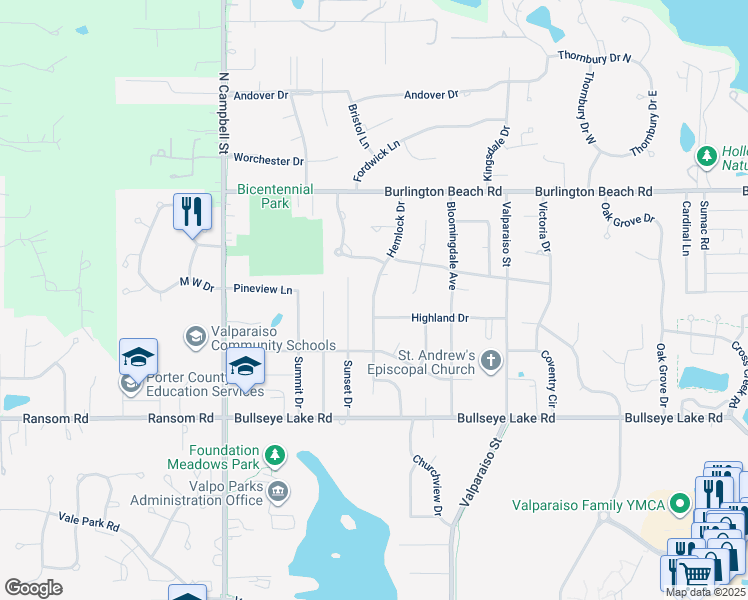 map of restaurants, bars, coffee shops, grocery stores, and more near 3900 Hemlock Drive in Valparaiso