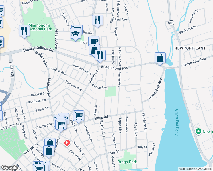 map of restaurants, bars, coffee shops, grocery stores, and more near 28 Vernon Avenue in Newport