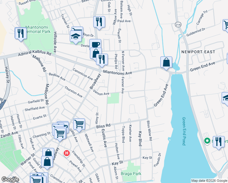 map of restaurants, bars, coffee shops, grocery stores, and more near 36 Vernon Avenue in Newport