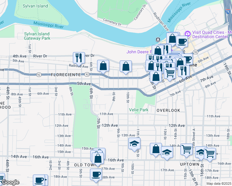 map of restaurants, bars, coffee shops, grocery stores, and more near 514 8th Street in Moline