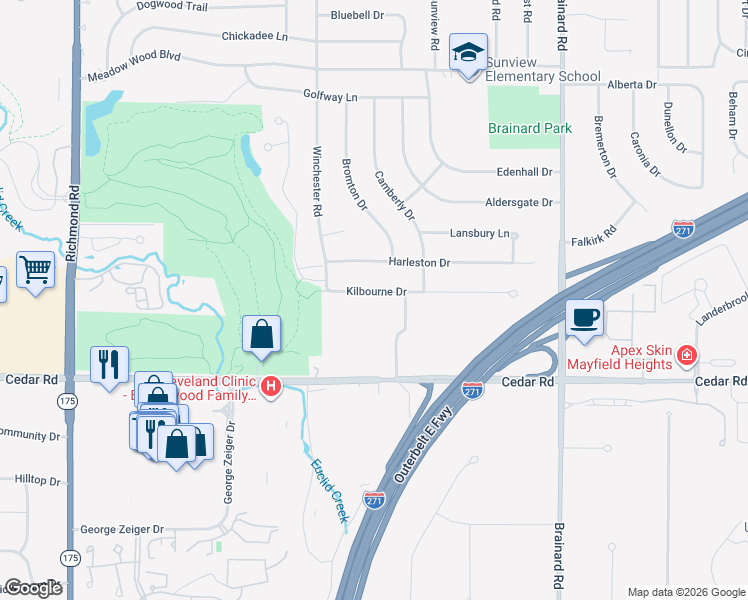 map of restaurants, bars, coffee shops, grocery stores, and more near 5406 Kilbourne Drive in Lyndhurst