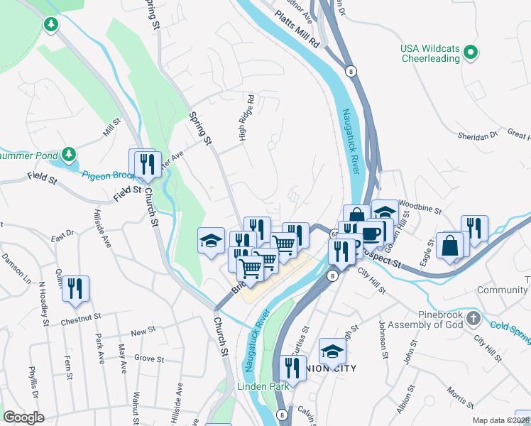 map of restaurants, bars, coffee shops, grocery stores, and more near 14 Washington Street in Naugatuck