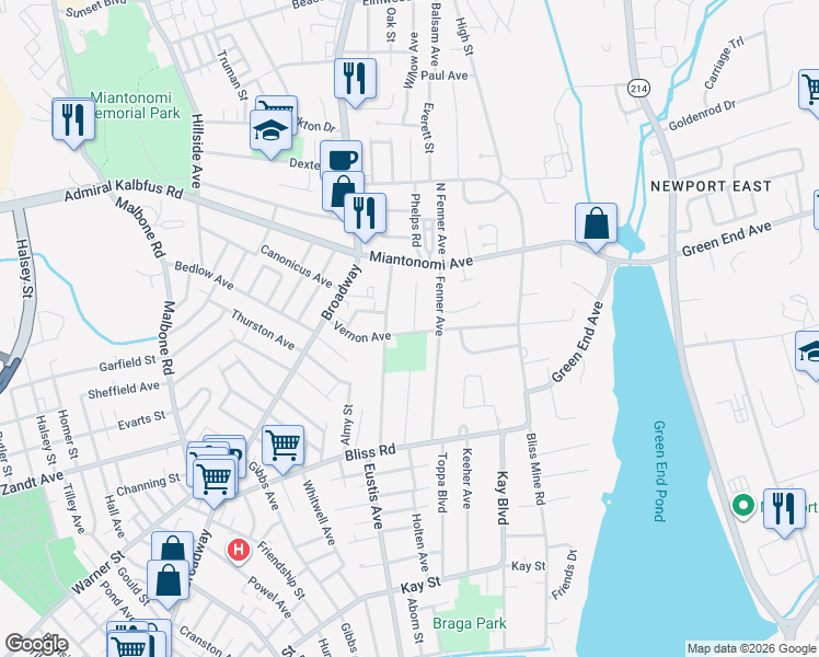 map of restaurants, bars, coffee shops, grocery stores, and more near 36 Vernon Avenue in Newport
