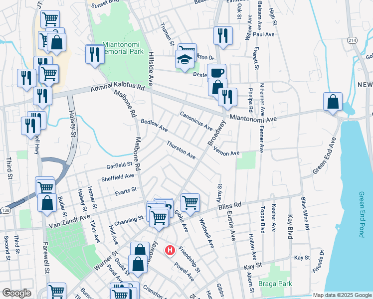 map of restaurants, bars, coffee shops, grocery stores, and more near 20 Thurston Avenue in Newport