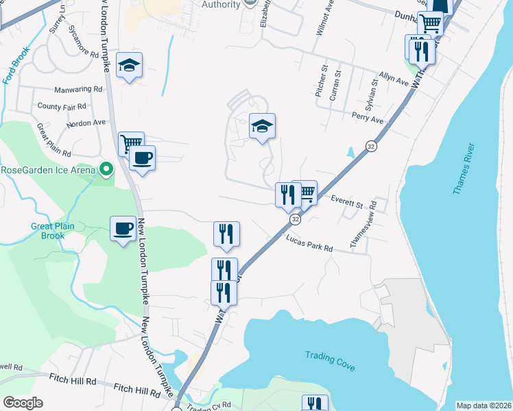 map of restaurants, bars, coffee shops, grocery stores, and more near 527 West Thames Street in Norwich