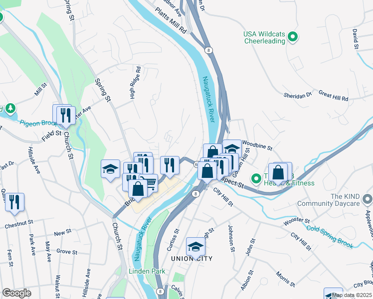 map of restaurants, bars, coffee shops, grocery stores, and more near 73 Greenwood Street in Naugatuck