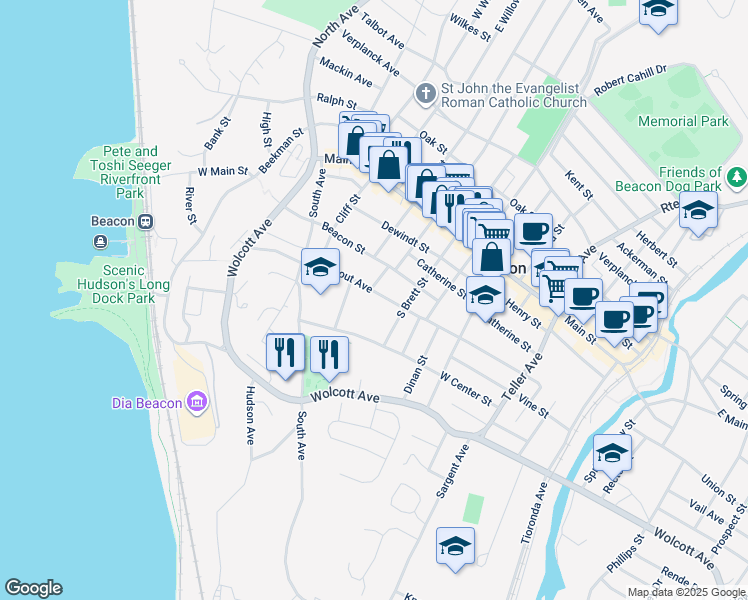map of restaurants, bars, coffee shops, grocery stores, and more near 123 Rombout Avenue in Beacon