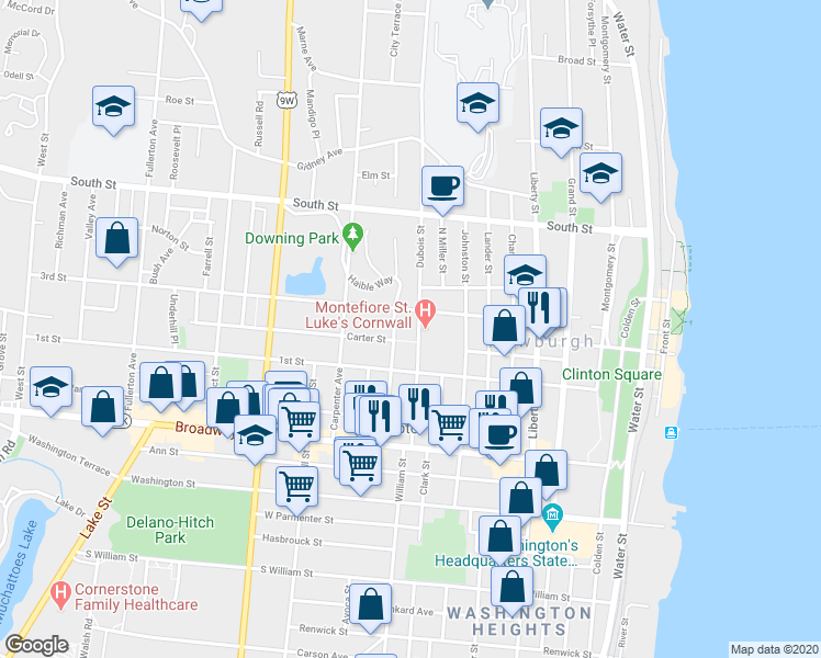 map of restaurants, bars, coffee shops, grocery stores, and more near 80 City Terrace in Newburgh