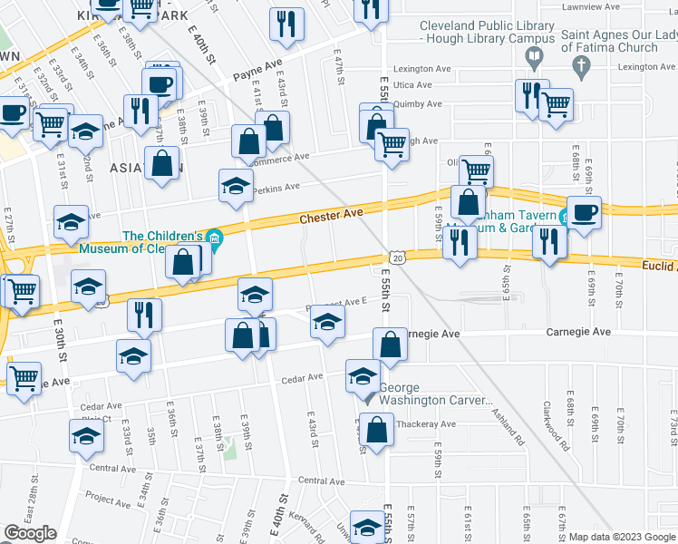 map of restaurants, bars, coffee shops, grocery stores, and more near 5001 Prospect Avenue East in Cleveland