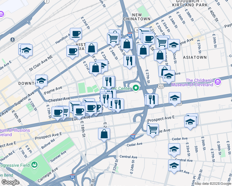 map of restaurants, bars, coffee shops, grocery stores, and more near 2121 Euclid Avenue in Cleveland