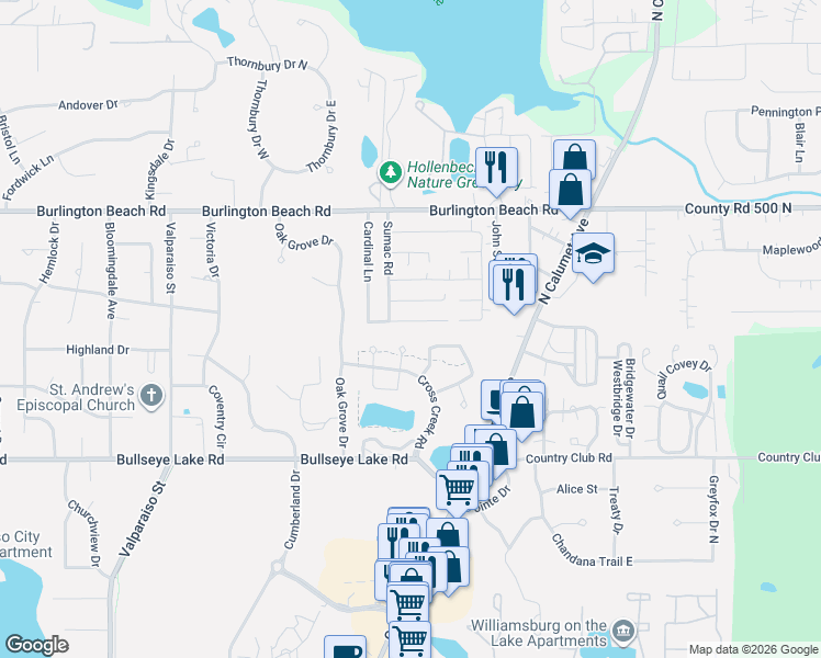 map of restaurants, bars, coffee shops, grocery stores, and more near 3899 Wind Meadow Court in Valparaiso