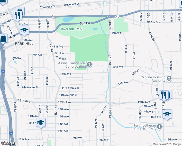 map of restaurants, bars, coffee shops, grocery stores, and more near 3202 11th Avenue in Moline