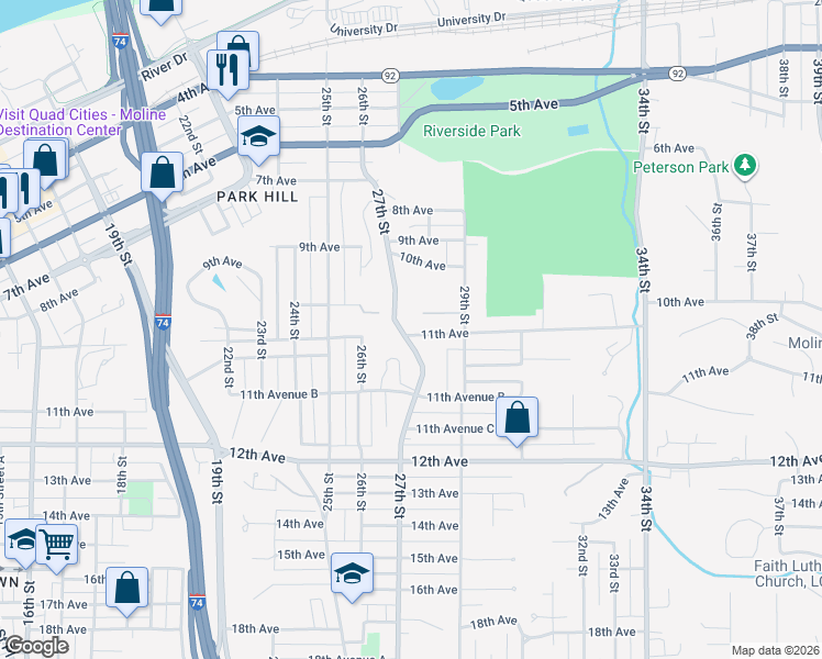 map of restaurants, bars, coffee shops, grocery stores, and more near 2714 11th Avenue in Moline