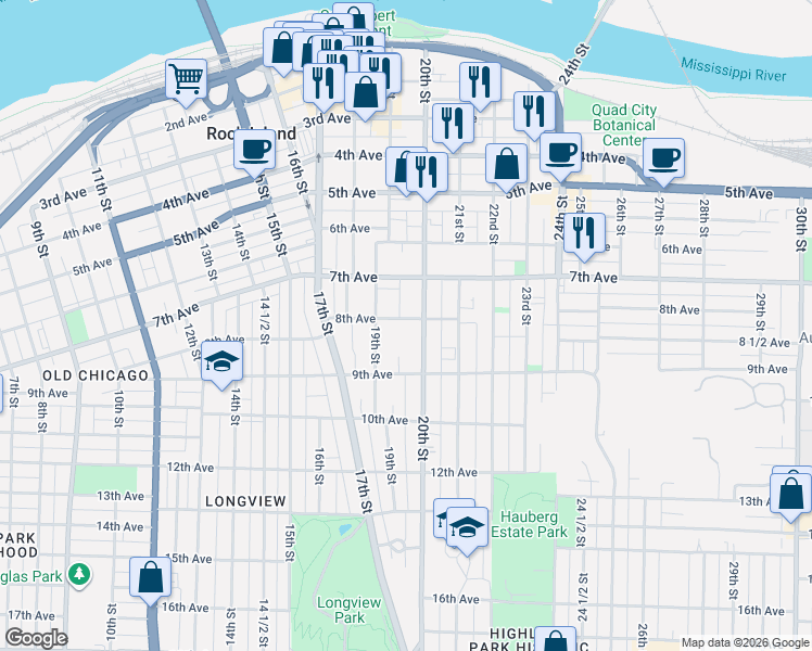 map of restaurants, bars, coffee shops, grocery stores, and more near 1920 8th Avenue in Rock Island