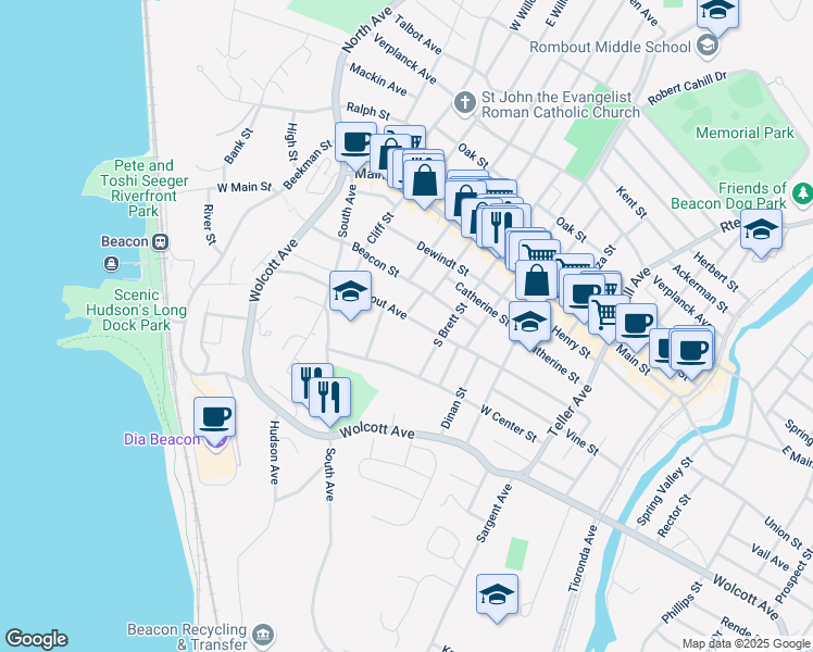 map of restaurants, bars, coffee shops, grocery stores, and more near 123 Rombout Avenue in Beacon
