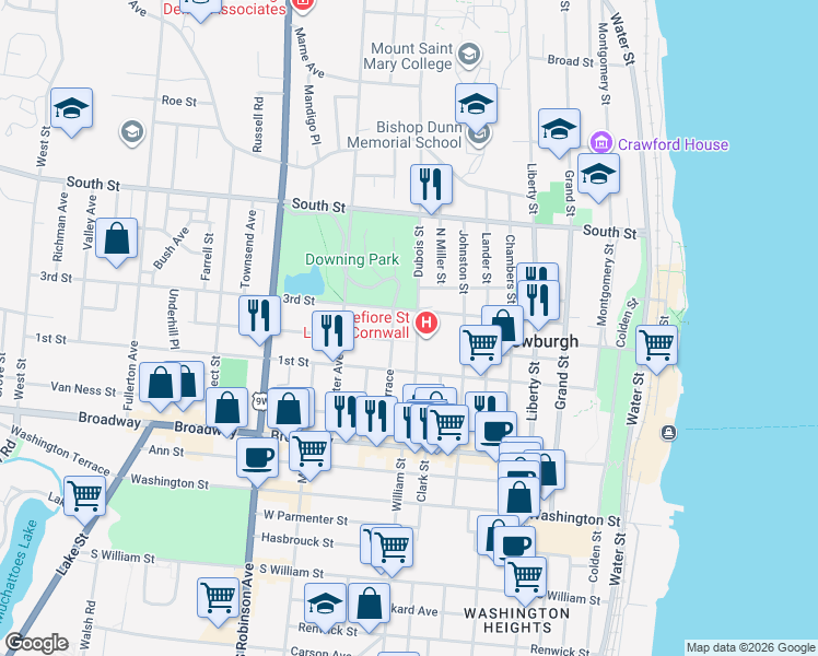 map of restaurants, bars, coffee shops, grocery stores, and more near 89 Dubois Street in Newburgh
