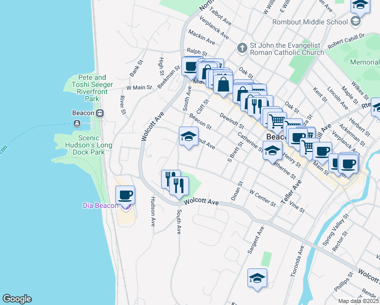 map of restaurants, bars, coffee shops, grocery stores, and more near 60 South Avenue in Beacon