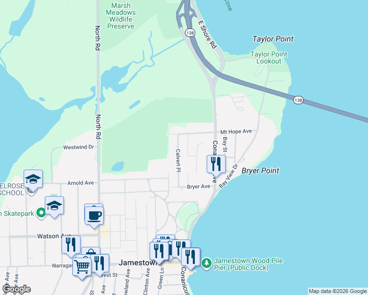 map of restaurants, bars, coffee shops, grocery stores, and more near 39 Pennsylvania Avenue in Jamestown