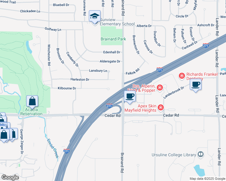 map of restaurants, bars, coffee shops, grocery stores, and more near 5584 Kilbourne Drive in Lyndhurst