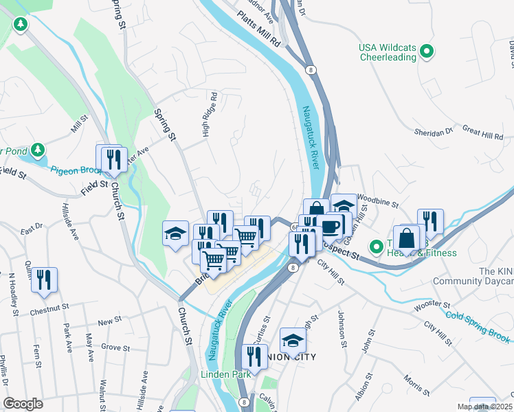 map of restaurants, bars, coffee shops, grocery stores, and more near 71 School Street in Naugatuck