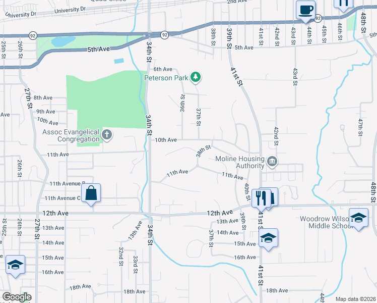 map of restaurants, bars, coffee shops, grocery stores, and more near 3728 10th Avenue Court in Moline