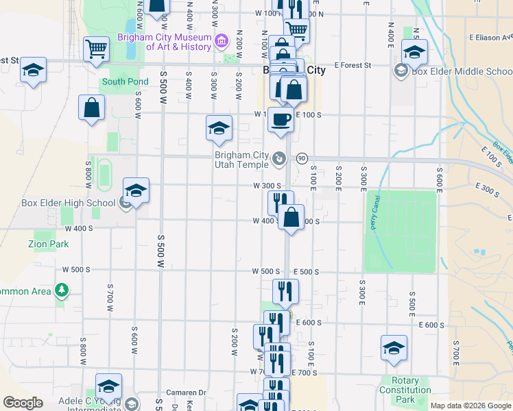map of restaurants, bars, coffee shops, grocery stores, and more near 124 West 400 South in Brigham City