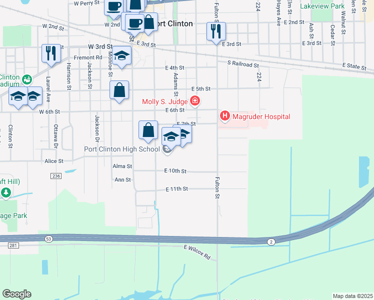 map of restaurants, bars, coffee shops, grocery stores, and more near 821 Jefferson Street in Port Clinton